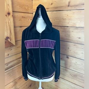 Vintage Black Purple Velvet Zip Up Hoodie Jacket Womens Medium